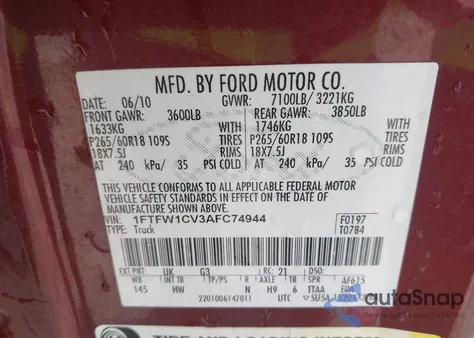 2010 Ford F-150 Fx2 Sport/Harley-Davidson/King Ranch/Lariat/Platinum/Xl/Xlt z USA, uszkodzony, nr VIN 1FTFW1CV3AFC74944